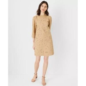 Ann Taylor 12Petite eyelet boatneck shift dress tan 3/4 sleeve knee length